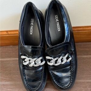 Steve Madden Glossy Black Loafers with Silver Accent